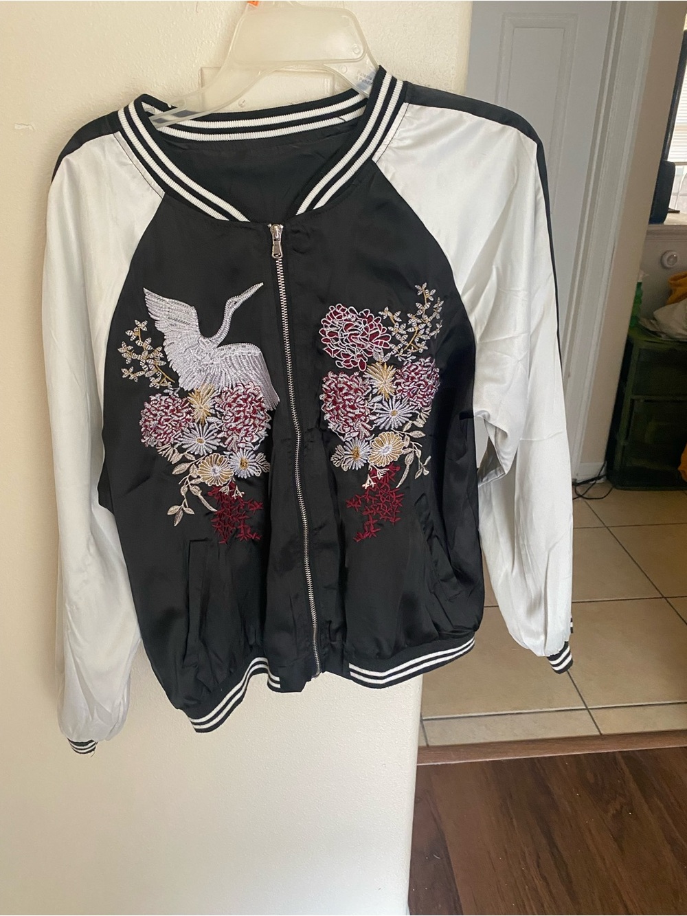 Amazon Black and White Embroidered Crane Satin Varsity Jacket